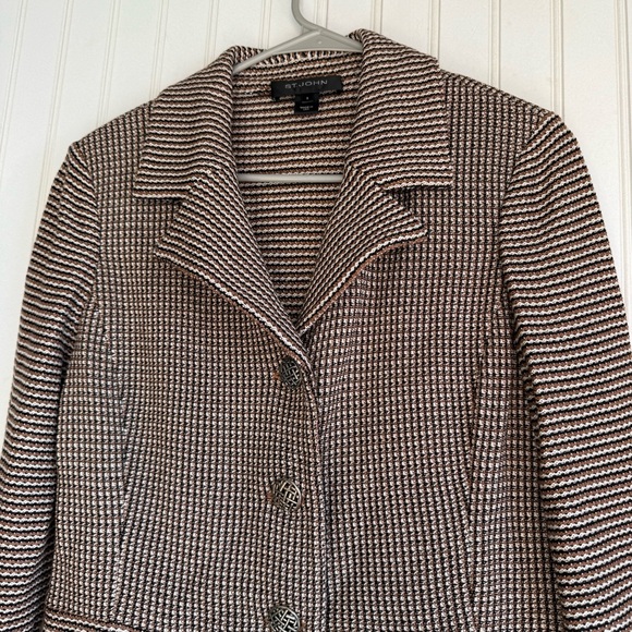 St. John Size 6 Brown Striped Tailored Knit Peplum Jacket Blazer - Picture 3 of 6